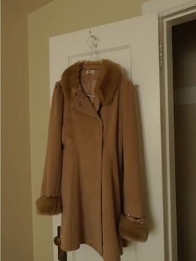 Women's Camel Pea Coat with Faux Fur Collar and Cuffs